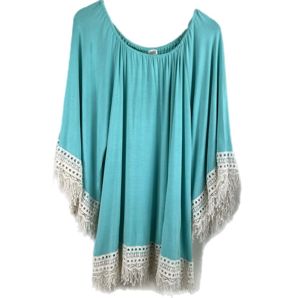 R Range Blue Turquoise White Fringe Boho‎ Beachy Flowy Oversized Top Travel Lg